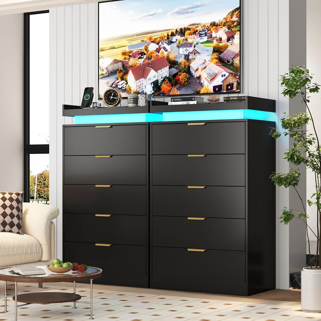 knoworld Tall Dresser for Bedroom, Black Dresser with LED Lights, Wood 5 Drawer Chest with Power Outlet, Modern Chest of Drawers for Bedroom, Living Room, Entryway, Hallway
