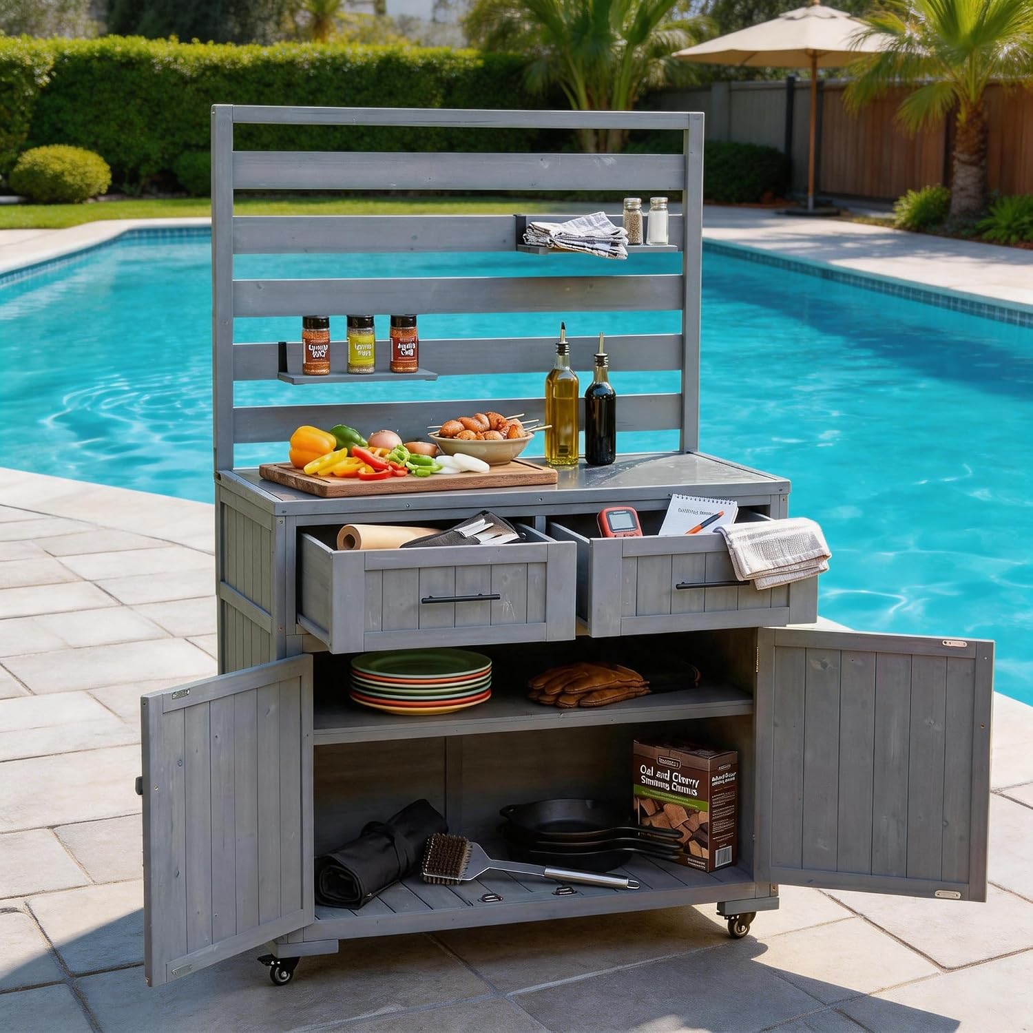 Outdoor Potting Bench with Storage Shelf and Cabinet, 65 in | Fir wood, 3-tier shelves, storage compartments, enclosed cabinet, anti-fall devices, garden, 47.2 W x 22.8 D x 65 H in