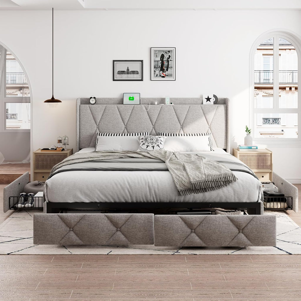iPormis King Size Bed Frame with 4 Storage Drawers, Upholstered Platform Bed Frame with Charging Station, Modern Wingback Storage Headboard, Easy Assembly, Light Grey