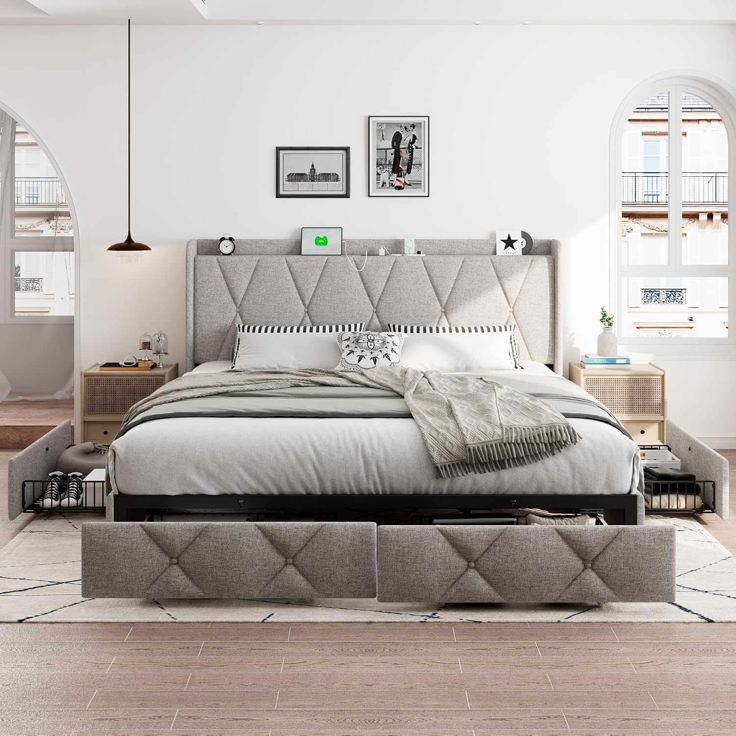 iPormis King Size Bed Frame with 4 Storage Drawers, Upholstered Platform Bed Frame with Charging Station, Modern Wingback Storage Headboard, Easy Assembly, Light Grey