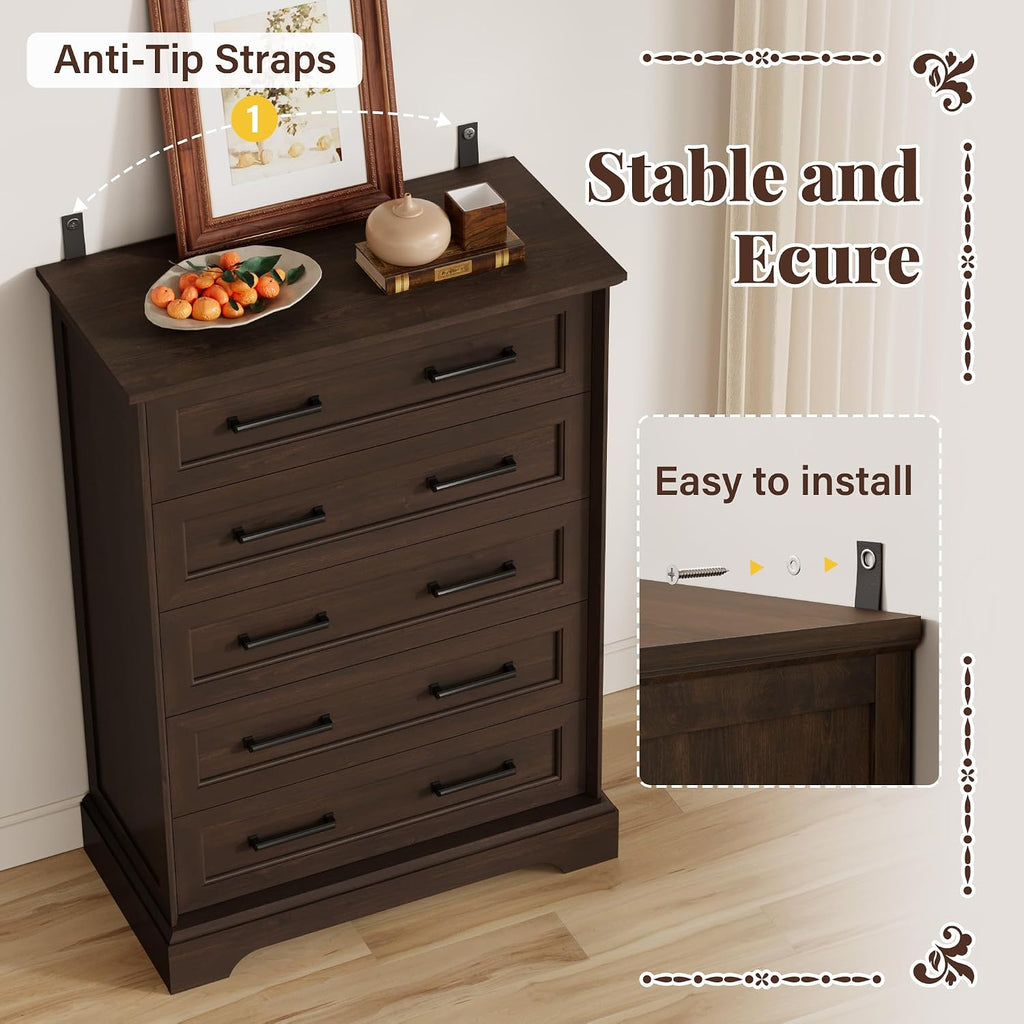 Furmax Farmhouse Dresser for Bedroom, 5 Drawers Dresser, Wood Chest of Drawers, 31.5' Wide Storage Dressers Organizer for Bedroom, Living Room (Brown)