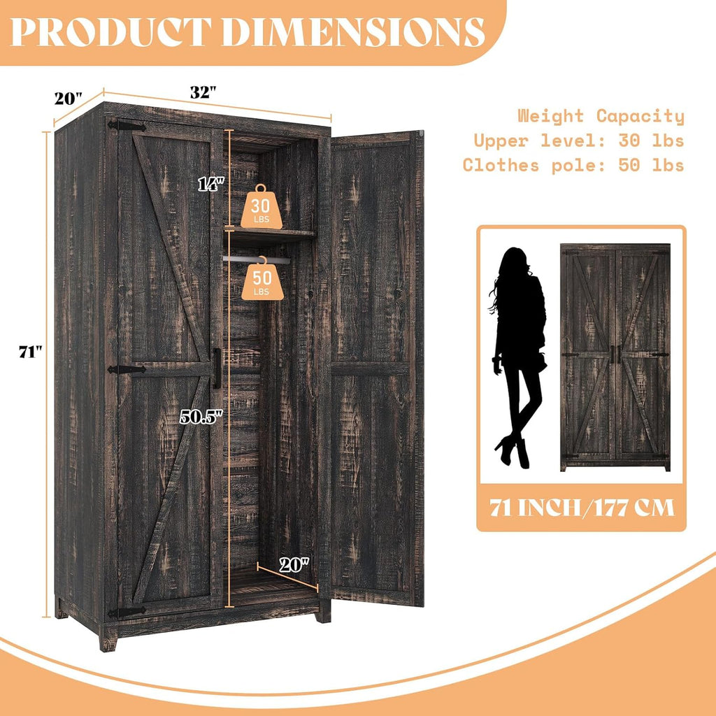 AMERLIFE Set of 2 Farmhouse Armoire Wardrobe Closet with 2 Barn Doors, 71'' Storage Cabinet with Shelf & Hanging Rod, Versatile Clothing Storage for Bedroom, Black Oak
