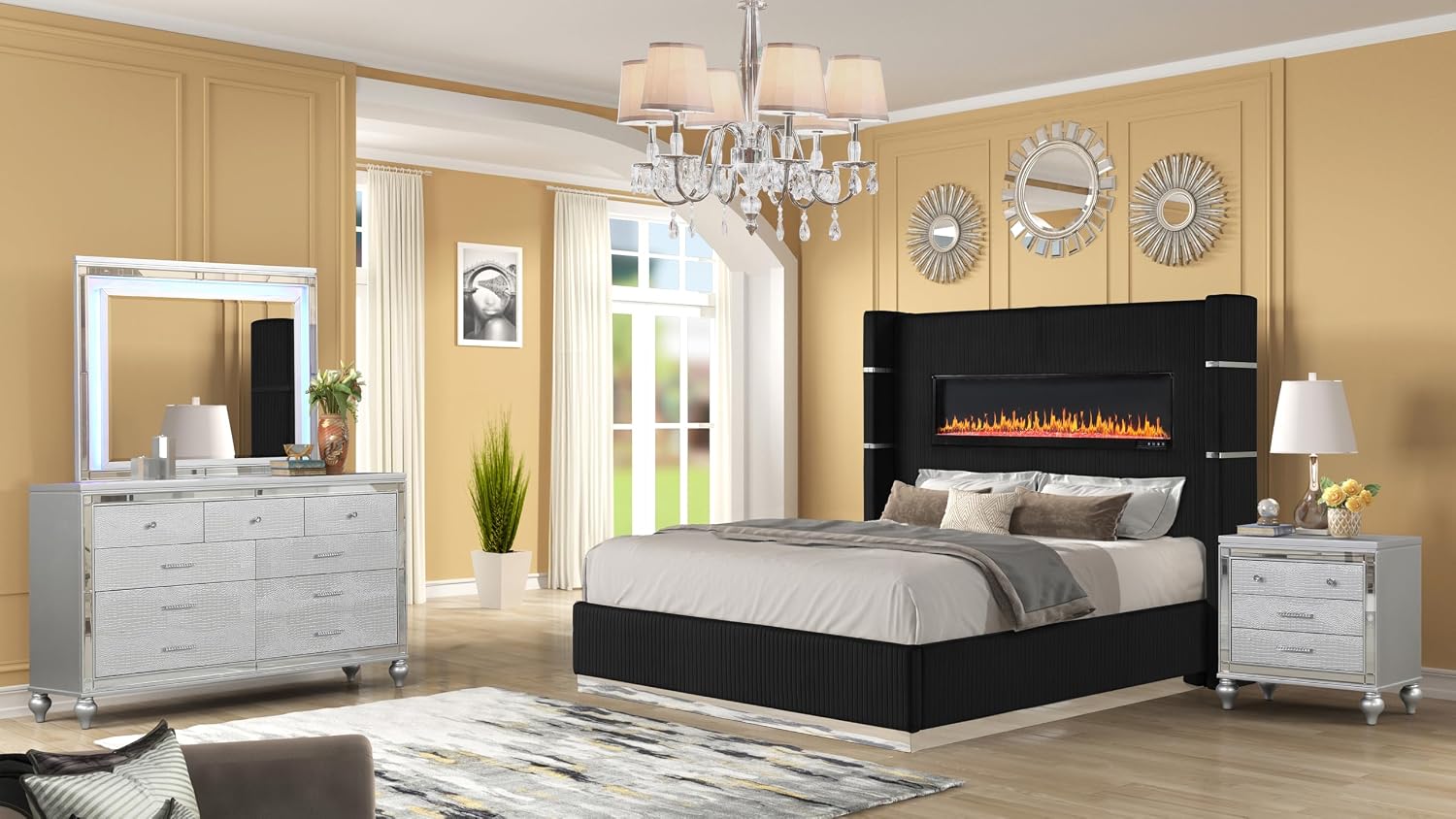 GOWE LIZZELLE Upholstery Wooden King 4 PC Bedroom Set with Ambient Lighting in Black Velvet Finish (NJ Inventory)