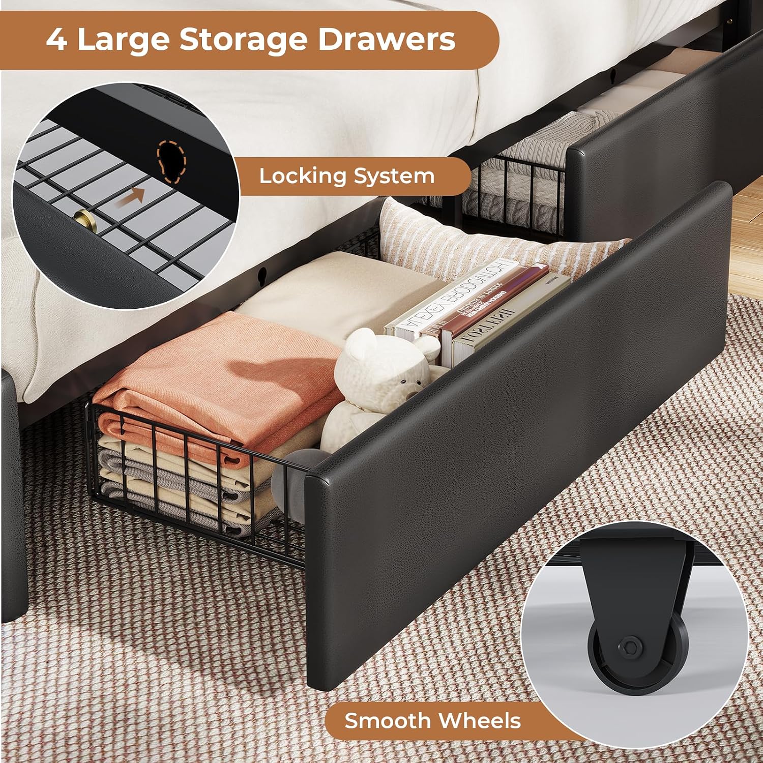 VIAGDO Full Size Bed Frame with Bookcase Headboard and Storage, Upholstered Platform Bed Frame Full Size with Charging Station, 4 Drawers and LED Lights, Heavy Duty, No Box Spring Needed, Black