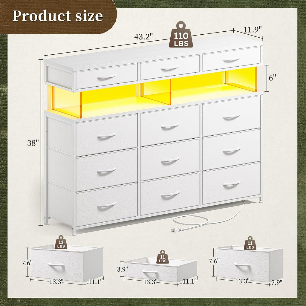 Romorgniz White Dresser for Bedroom with Charging Station and LED Lights, Fabric Dressers & Chest of Drawers, Dresser TV Stands for Living Room, Open Shelves, 10MM Thick Acrylic Sheet