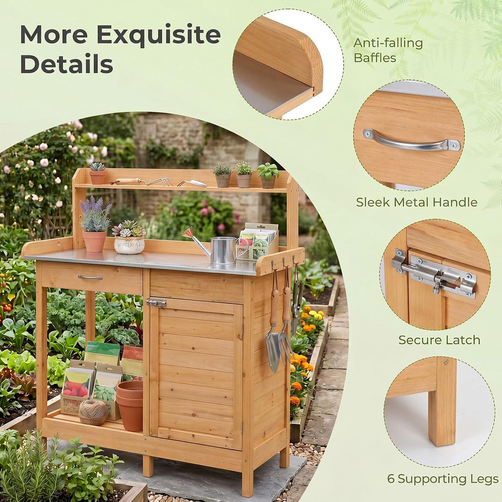 S AFSTAR Outdoor Potting Bench Table, Wooden Garden Work Station with Drawer, Storage Cabinet, Open Shelf, Side Hooks, Metal Tabletop Gardening Workbench, Potting Benches for Outside Backyard Balcony