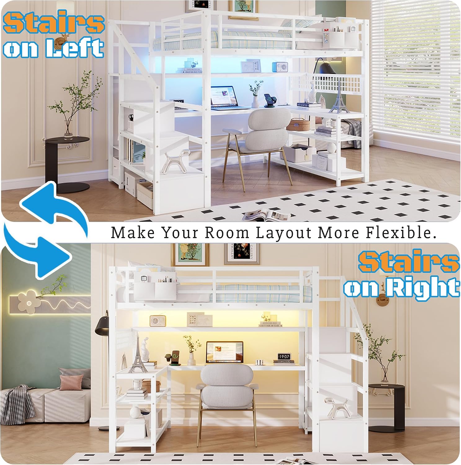Full Size Loft Bed with Stairs and Desk,Metal Gaming LoftBed with LED Lights,Charging Station, High Loft Beds Frame Full with Storage Shelves,Wardrobe for Teens, Adults, White