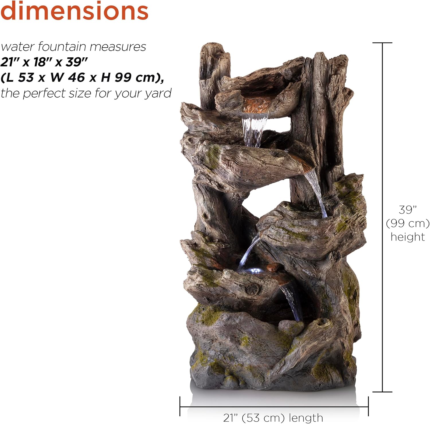 Alpine Corporation WIN794 Outdoor 5 Tier Rainforest Waterfall Fountain with LED Lights, 39' Tall, Brown