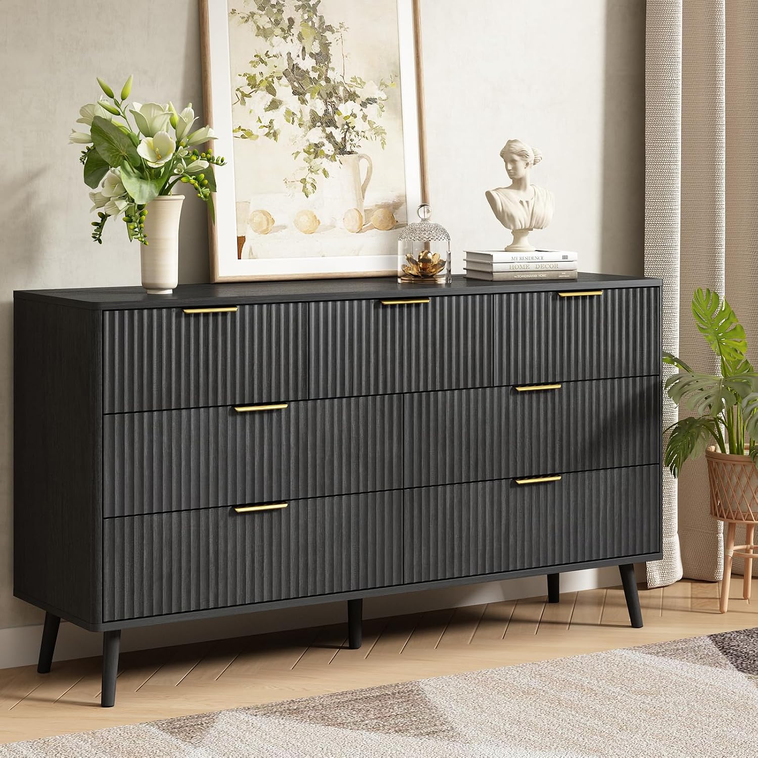 CARPETNAL Fluted 7 Drawer Dresser for Bedroom, 55' Wide Wooden Chest of Drawers with Rounded Corners, Gold Handles, Modern Storage Organizer for Bedroom, Hallway(Black)