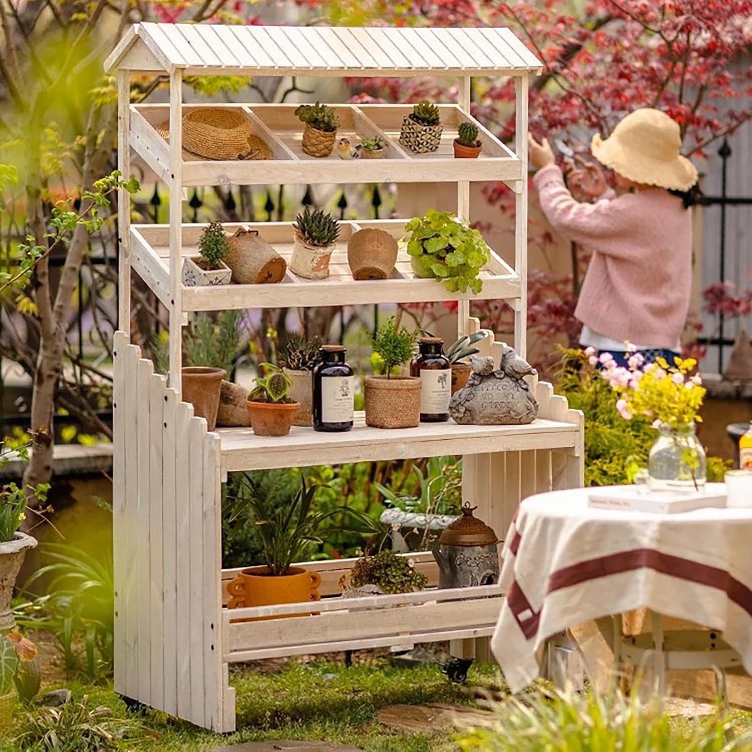 Potting Bench with Storage Wooden Garden Table Work Station Movable Wheels Open Shelf Lower Storage Outdoor Patio Workstation
