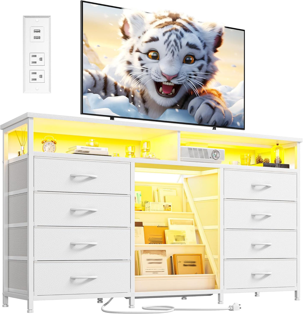 EnHomee 55 ' W Dresser for Bedroom with Bookrack & 8 Fabric Drawers, Dresser TV Stand with Power Outlet & LED Lights for 65 Inch TV, Chest of Drawers for Cabinet, Entryway, White