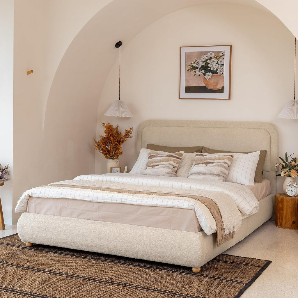 Yechen Boucle Cloud Full Bed Frame with Round Corner Headboard, Upholstered Soft Creamy Bedframe with Solid Wood Legs, Boho Fluffy Bed with Wooden Slats, Easy Assembly, No Box Spring Needed, Khaki