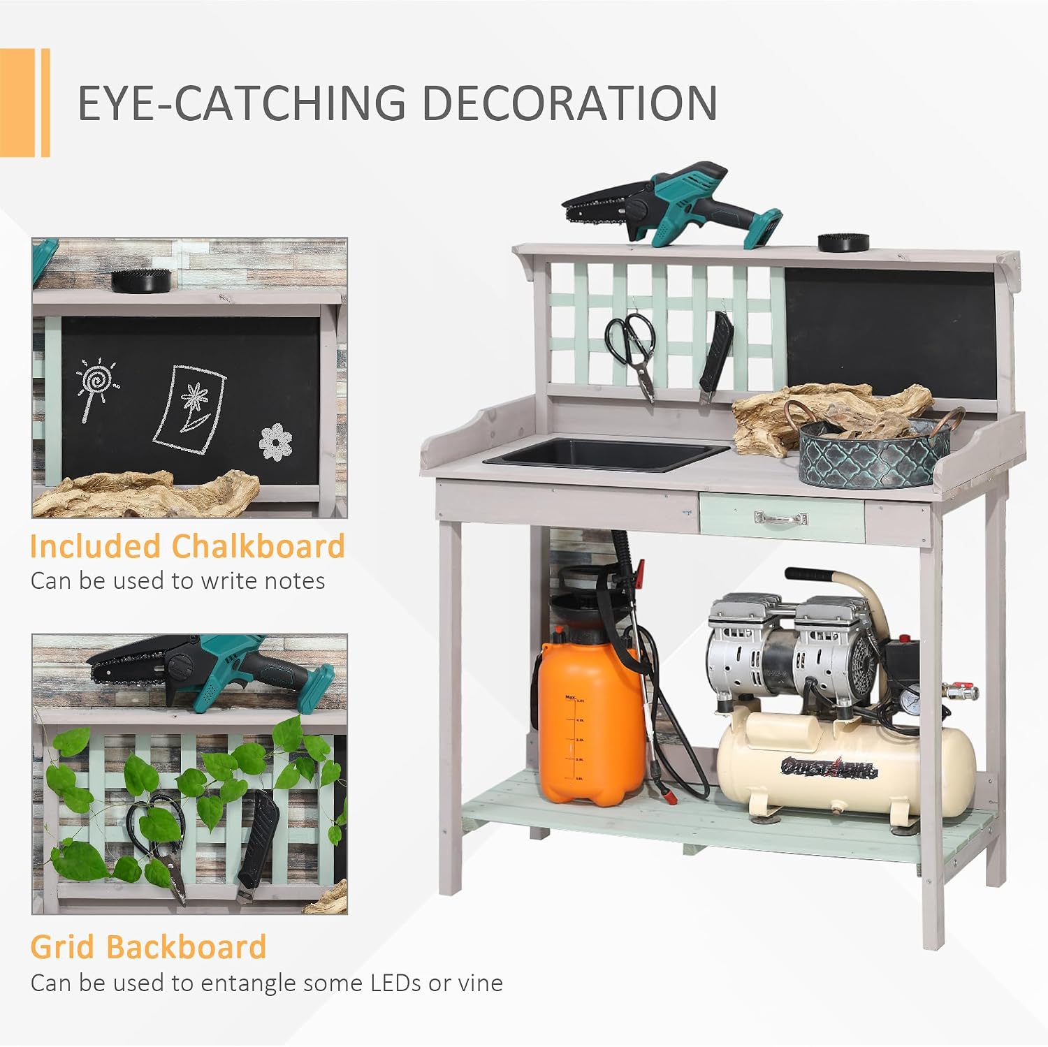 Outdoor Wooden Potting Bench Table with Removable Sink, GWork Bench with Chalkboard, Drawer, Open Shelf Storage, Light Gray