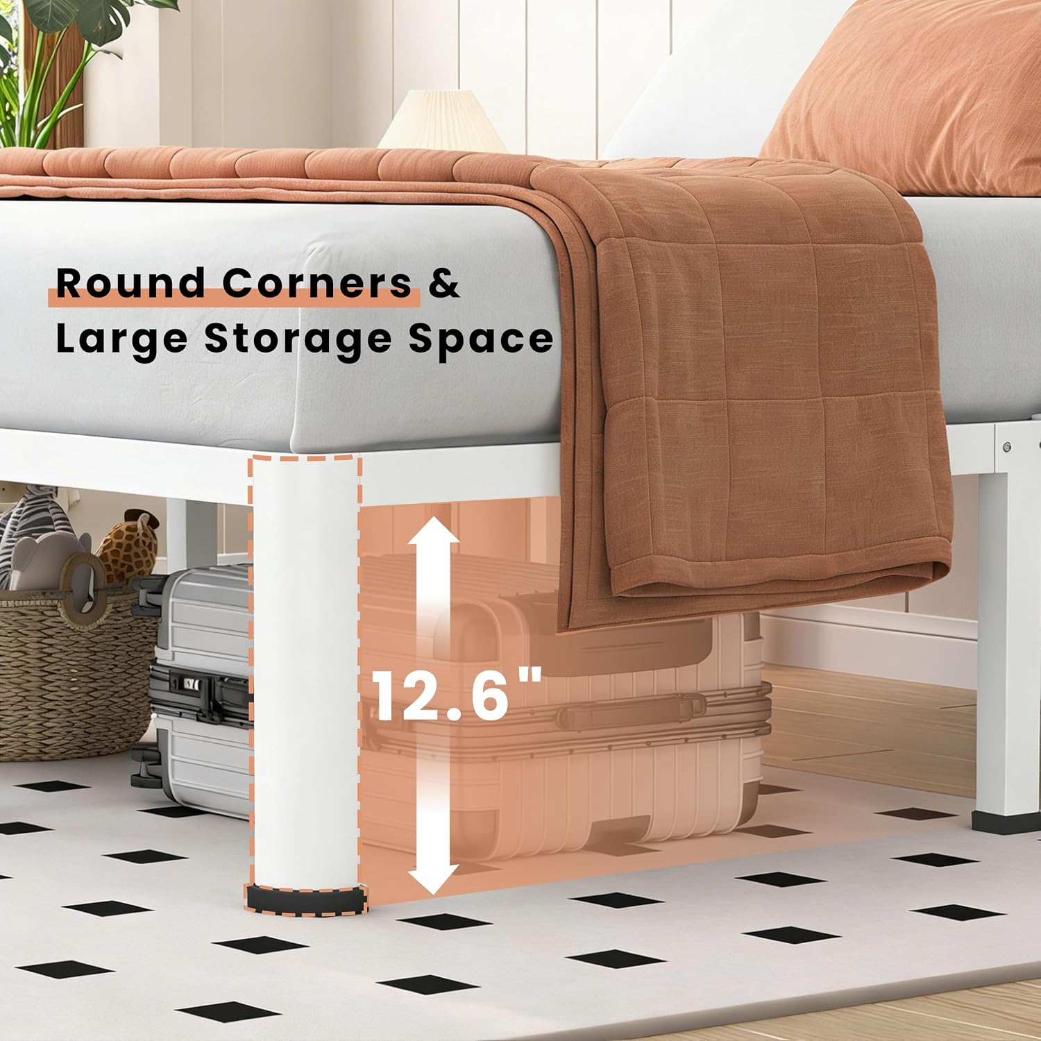 VIPSHOW 14 Inch White Full Heavy Duty 3500 lbs Bed Frame with Round-Corner Legs & Anti-Squeak Design – Quick Assembly Metal Platform, No Box Spring Needed
