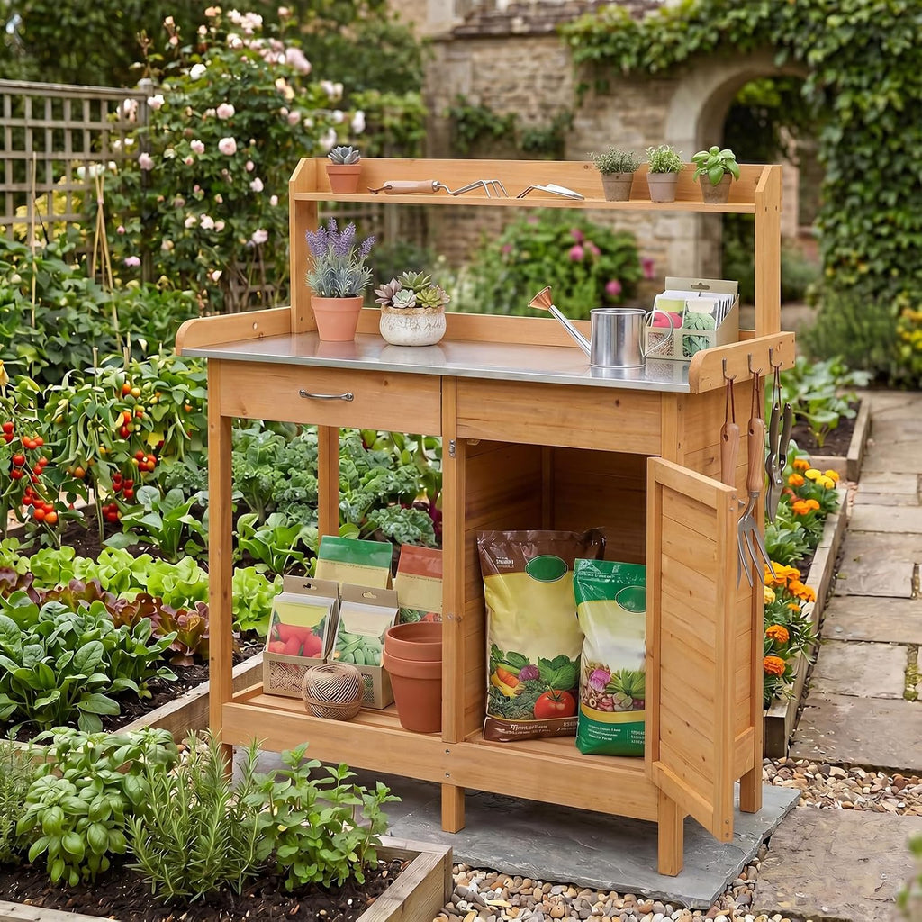 S AFSTAR Outdoor Potting Bench Table, Wooden Garden Work Station with Drawer, Storage Cabinet, Open Shelf, Side Hooks, Metal Tabletop Gardening Workbench, Potting Benches for Outside Backyard Balcony