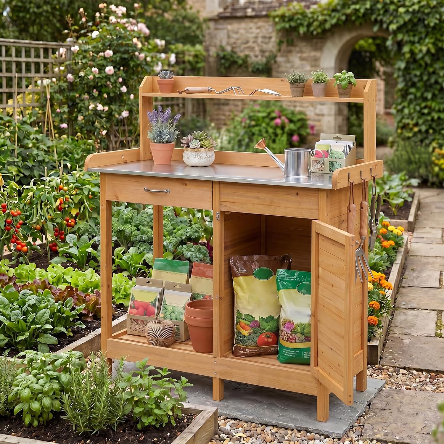 S AFSTAR Outdoor Potting Bench Table, Wooden Garden Work Station with Drawer, Storage Cabinet, Open Shelf, Side Hooks, Metal Tabletop Gardening Workbench, Potting Benches for Outside Backyard Balcony
