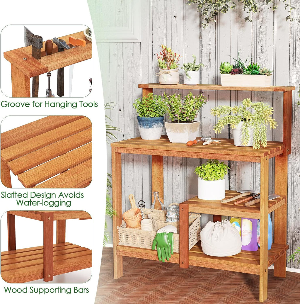 TANGZON Garden Potting Table, Solid Wood Potting Table with Trellis, Open Shelves, Teak Oil Finish, Gardening Workstation & Planting Work Table for Outdoor Patio Backyard Balcony