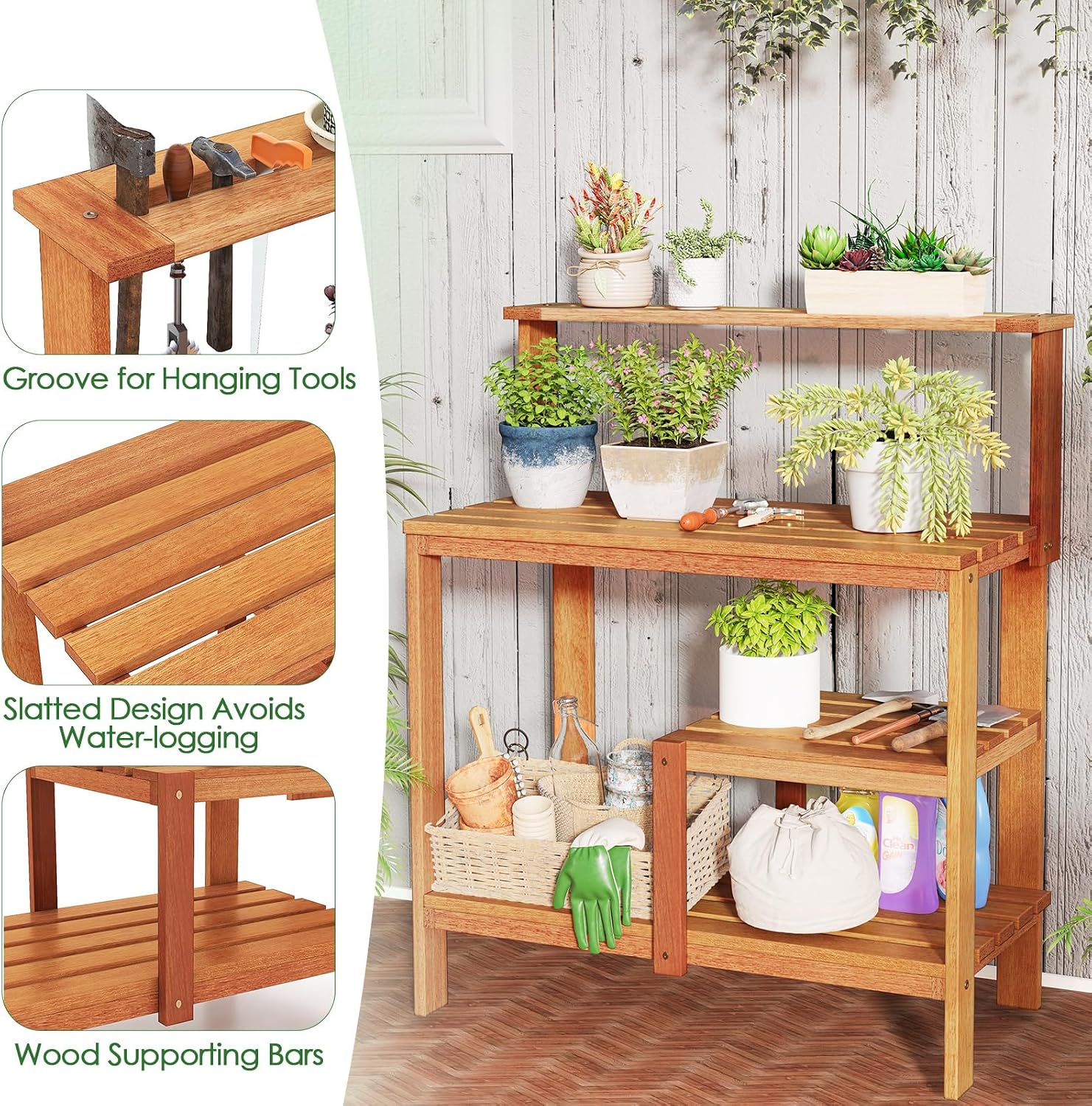 TANGZON Garden Potting Table, Solid Wood Potting Table with Trellis, Open Shelves, Teak Oil Finish, Gardening Workstation & Planting Work Table for Outdoor Patio Backyard Balcony
