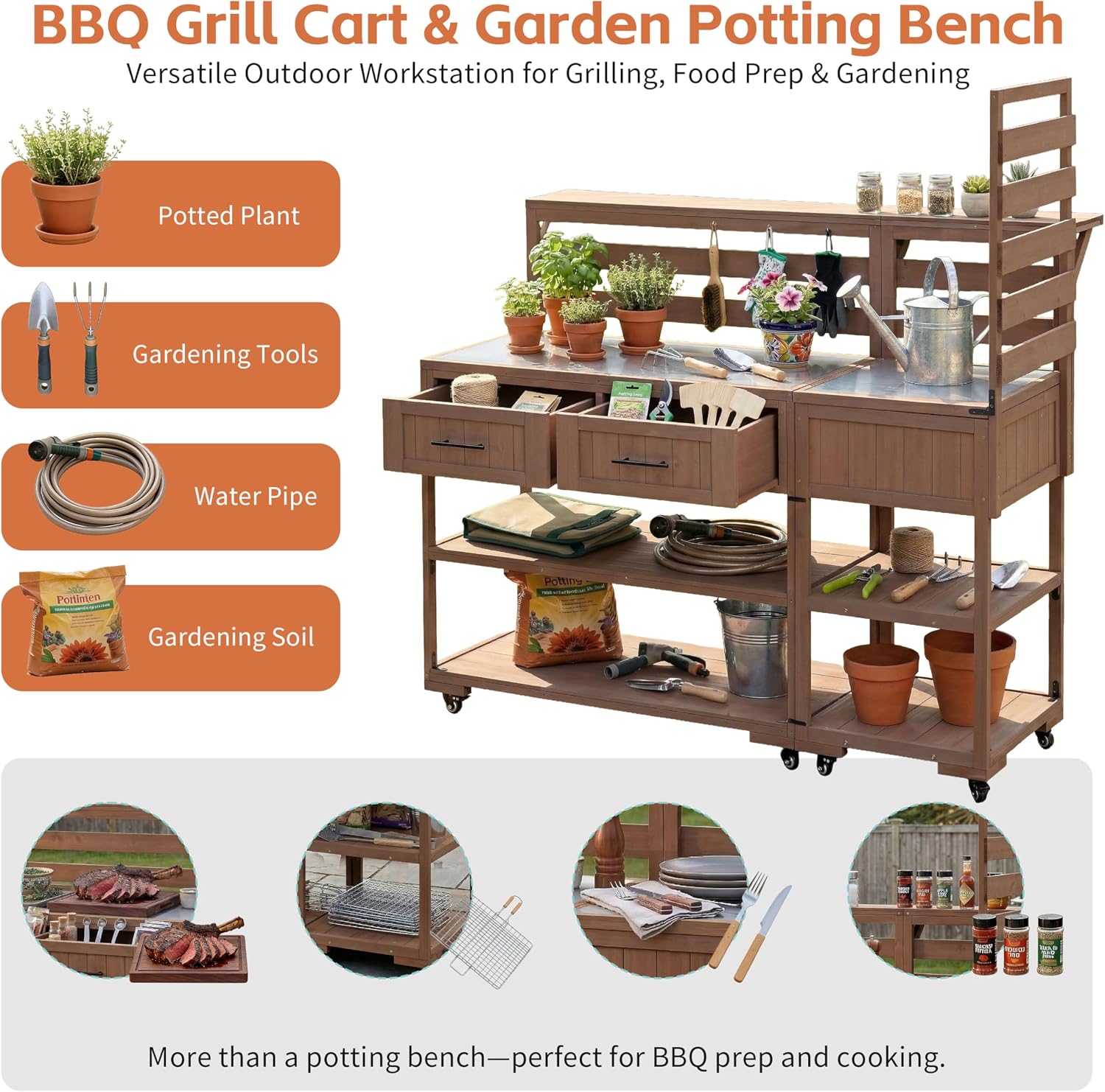 62.3'' Patio Kitchen Island Cart with Stainless Table Top,Solid Wood Garden Potting Bench with Raised Shelf and Drawers, Grill Prep Table for BBQ, Party (Brown-PK)