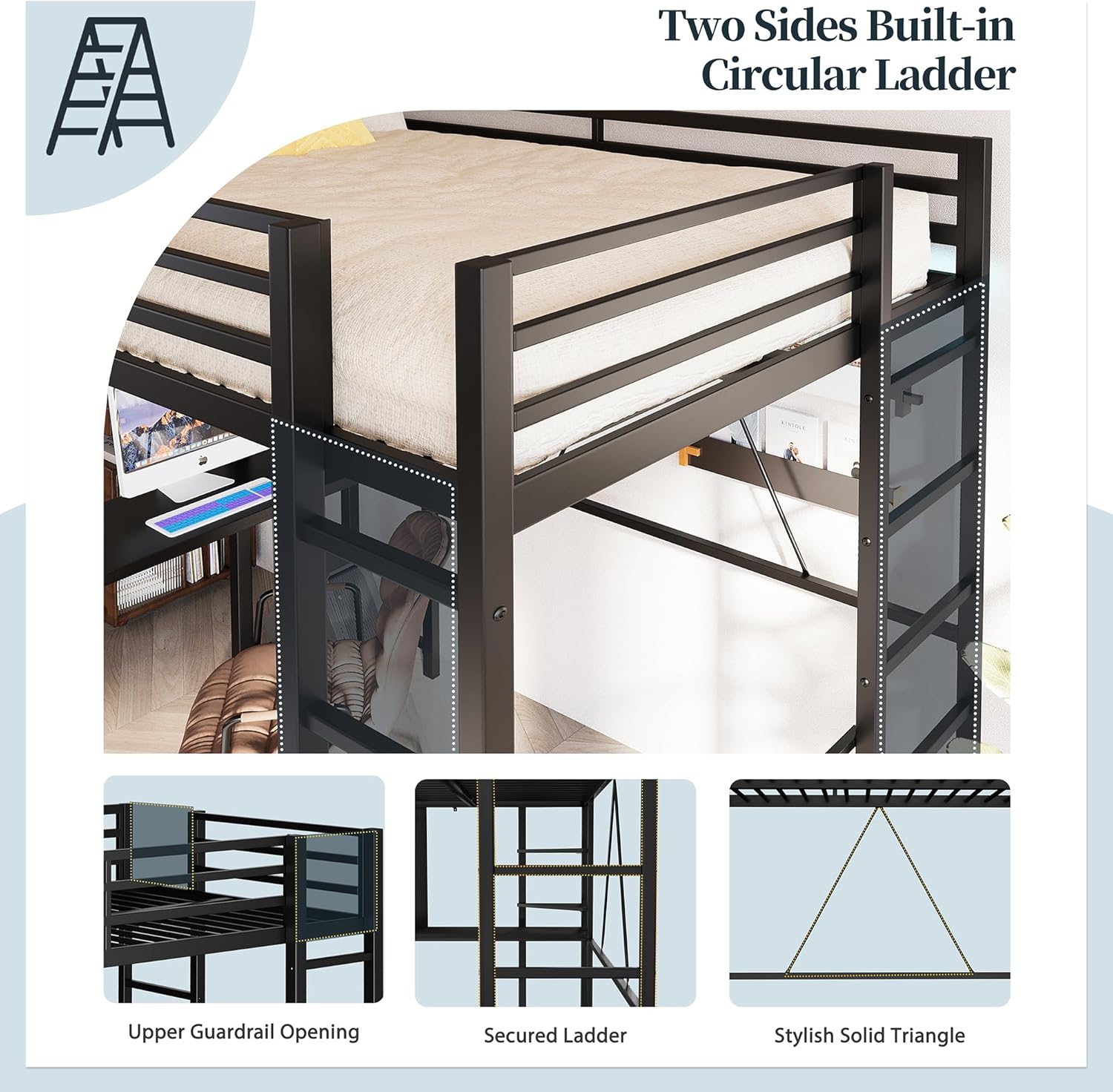 SUNLEI Loft Bed Twin Size with Desk and Safety Guard Rail, Twin Size Metal Bed Frame with Double Layer Shelves for Storage, No Box Spring 2 Security Ladders, Midnight Black