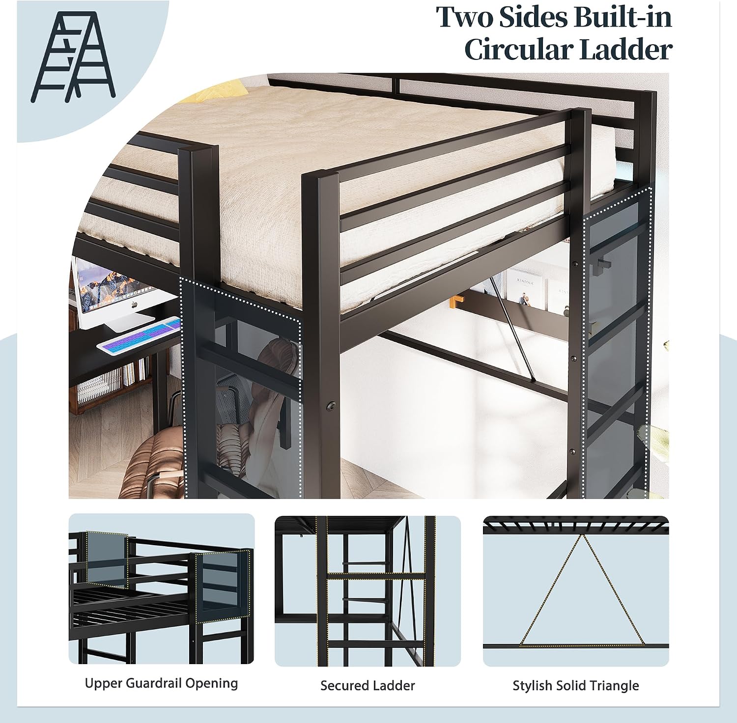 SUNLEI Loft Bed with Desk, Metal Loft Bed Full Size with 2 Built-in Ladders, Space-Saving Bed Frame, with Safety Guard, Noise Free for Small Bedroom, (Full Size) Black