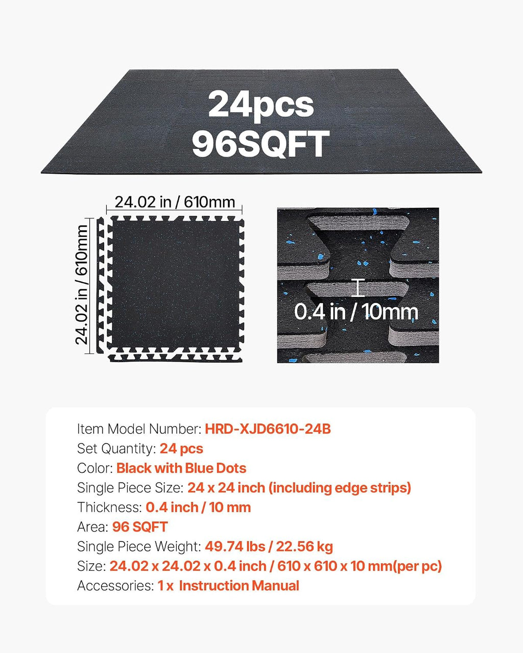 VEVOR 0.4Inch 96sq.ft 24 Tiles Gym Flooring for Home Gym, Rubber Top with High Density EVA Foam, 24 x 24In Gym Floor Exercise Equipment Mats, Interlocking Gym Mats, Puzzle Workout Mats, Black & Blue