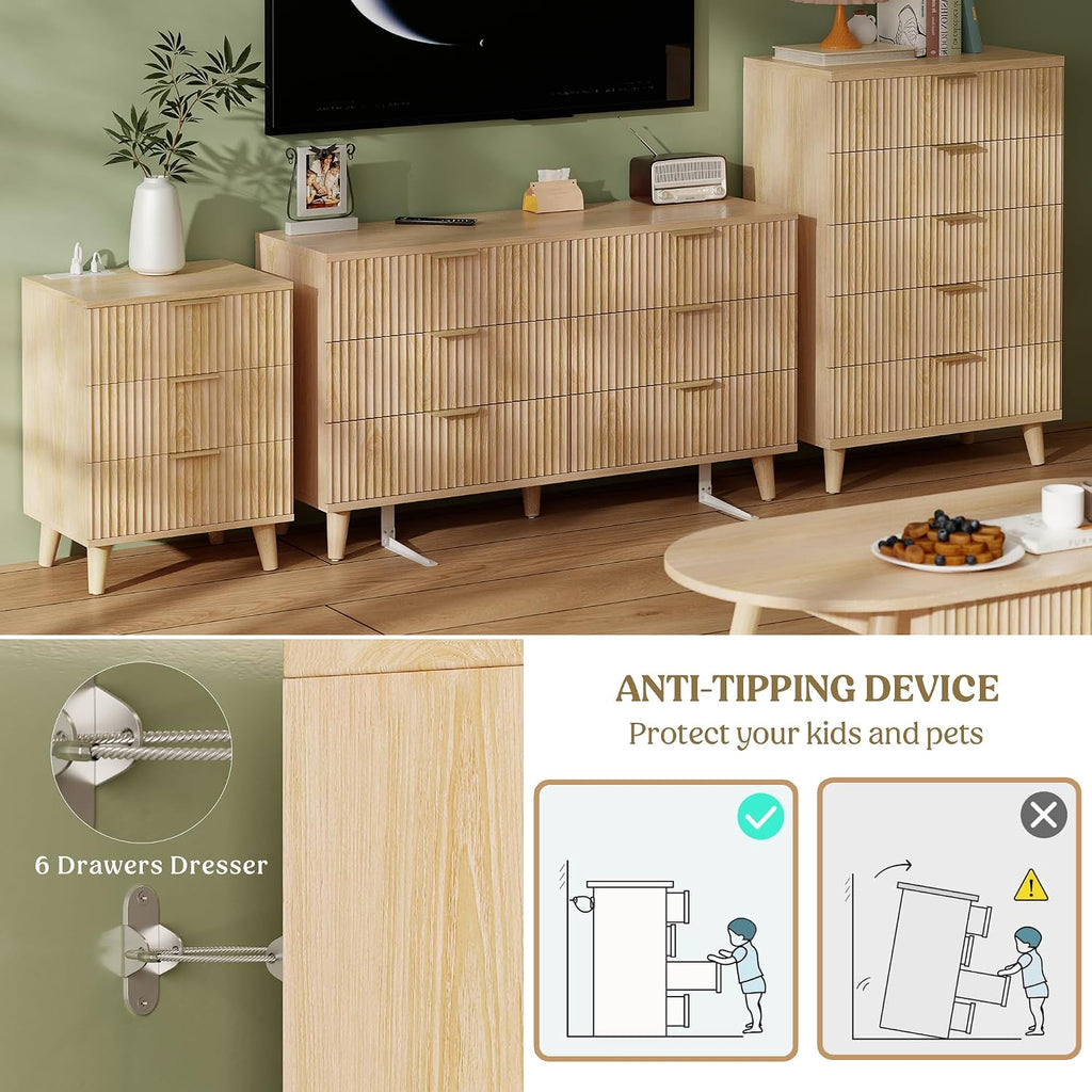 Lulive Dresser for Bedroom Wood Dressers Chest of Drawers, Fluted 53.2' Wide Modern Long Dresser TV Stand 6 Drawers for Bedroom, Closet, Living Room, Hallway (Natural)