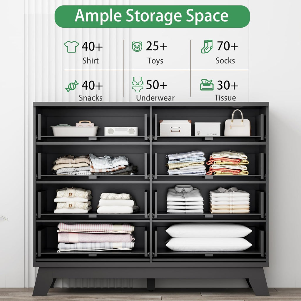 Fluted Dresser for Bedroom with 8 Drawers, 48' Wide Modern Chest of Drawers with Metal Handle, Wooden Dresser TV Stand, Wood Closet Clothes Storage Drawer Organizer for Living Room, Hallway, Black