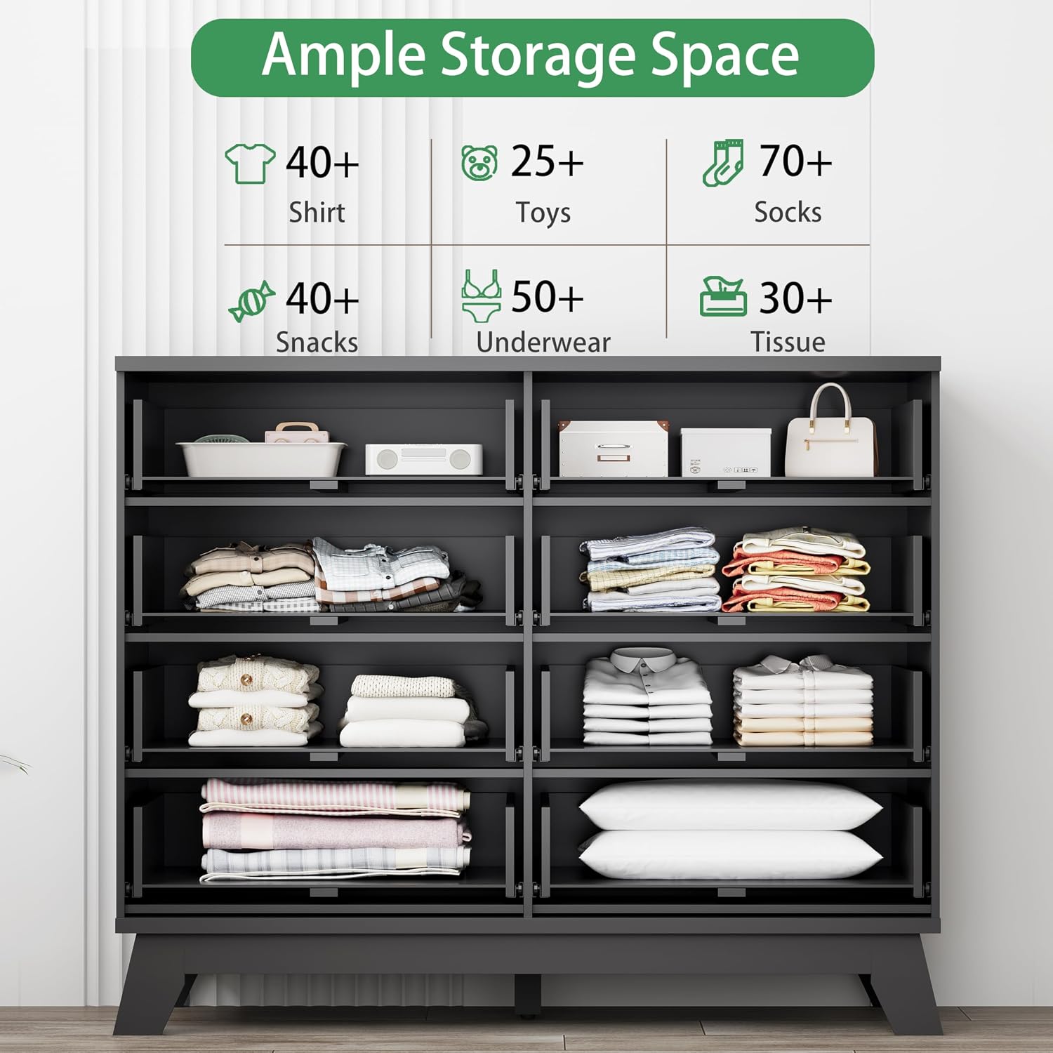 Fluted Dresser for Bedroom with 8 Drawers, 48' Wide Modern Chest of Drawers with Metal Handle, Wooden Dresser TV Stand, Wood Closet Clothes Storage Drawer Organizer for Living Room, Hallway, Black