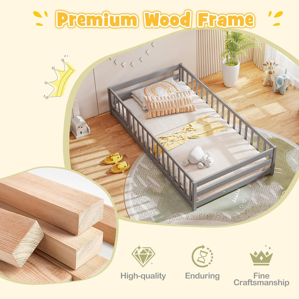 KOMFOTT Twin Size Wood Floor Bed with Door & Fence, Montessori Bed Frame with Full Length Safety Guardrails, Door & Latch, Wooden Montessori Floor Bed for Kids, Girls, Boys (Grey, Twin)