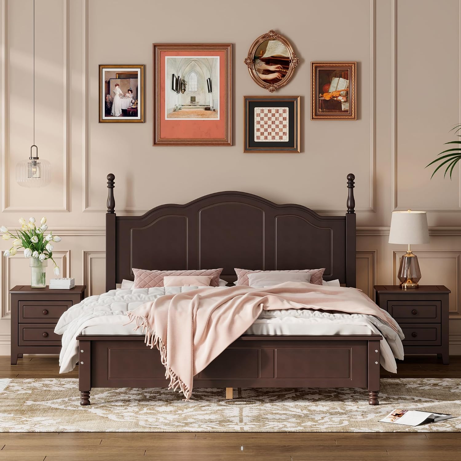 Merax 3-Pieces Bedroom Sets, Queen Size Retro Style Wood Bed Frame with Two Nightstands and high Headboard for Bedroom, Wood Slat Support, No Box Spring Needed, Easy Assembly (Dark Walnut)