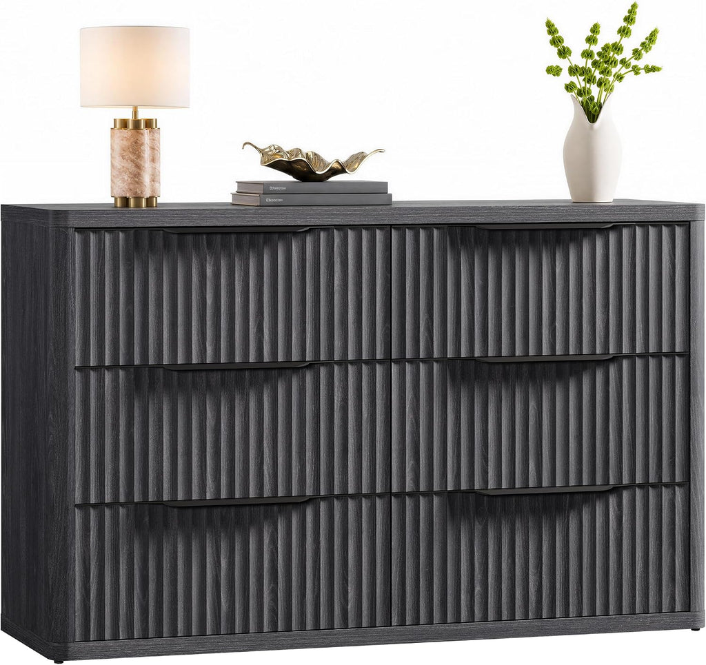 SICOTAS Dresser for Bedroom 53.5' Wide 6 Drawer Dressers & Chests of Drawers for Closet Long Large Modern TV Stand Set for Clothes Storage Fluted Clothes Closet for Hallway Entryway, Dark Grey Alder