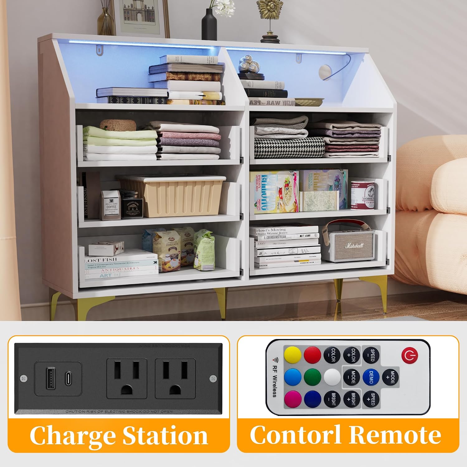 6 Drawer Dresser for Bedroom with Charging Station and LED Lights, Modern Double Dresser, Large Chest of Drawers with Open Space, LED Storage Cabinet for Living Room (White-Gold)