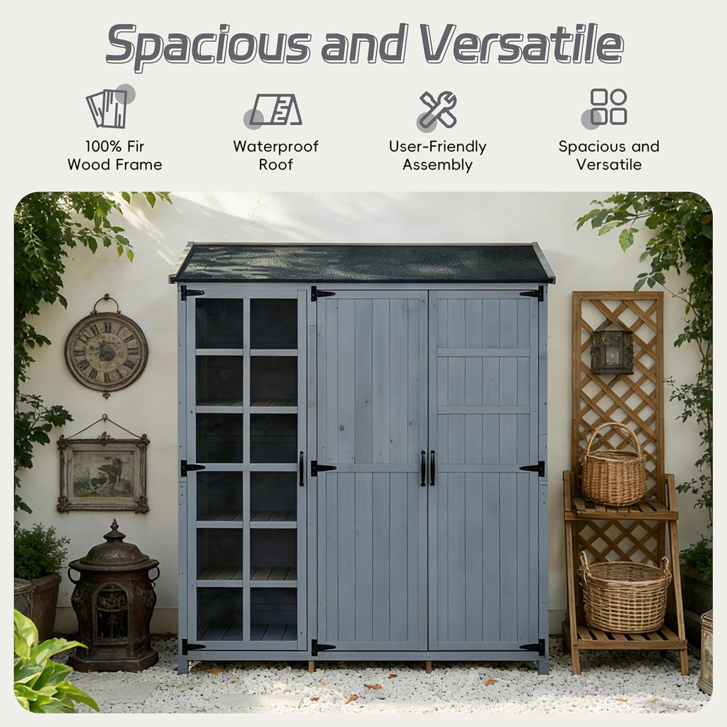 Outdoor Garden Storage Shed with Waterproof Roof, Farmhouse Potting Bench Table with 3 Doors Cabinets, 7 Storage Shelves, 2 Drawers, and 6 Hooks,Grey