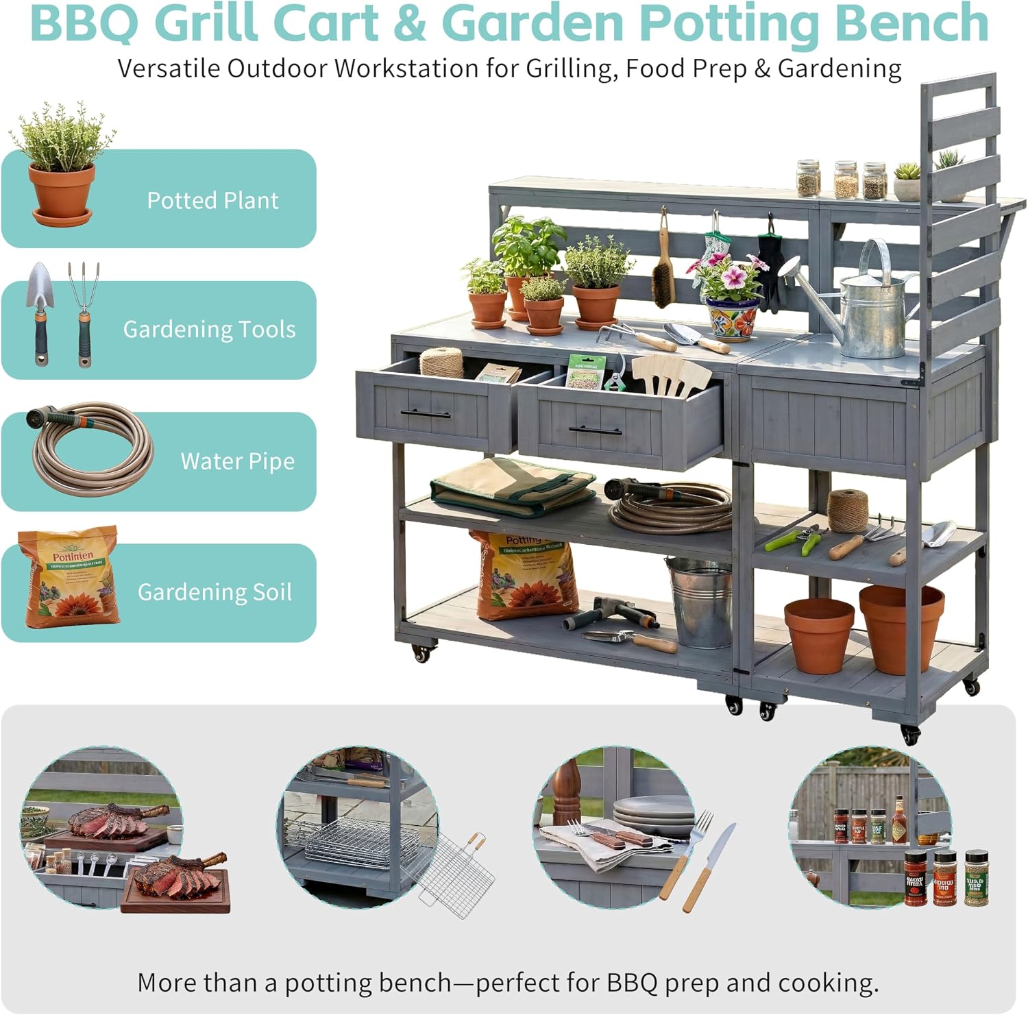 Polibi 62.3' Outdoor Kitchen Island Solid Wood BBQ Cart with Stainless Steel Top & Drawers, Heavy Duty Patio Prep Table on Wheels, 2-in-1 Garden Potting Bench for Parties, Gray