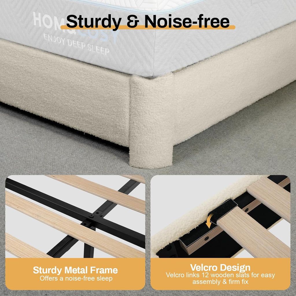 Queen Size Bed Frame, Boucle Bed Frame with Adjustable Headboard, Modern Upholstered Platform Bed with Wood Slats, Soft Rounded Corners, No Box Spring Required, Noise-free, Easy Assembly, Light Beige