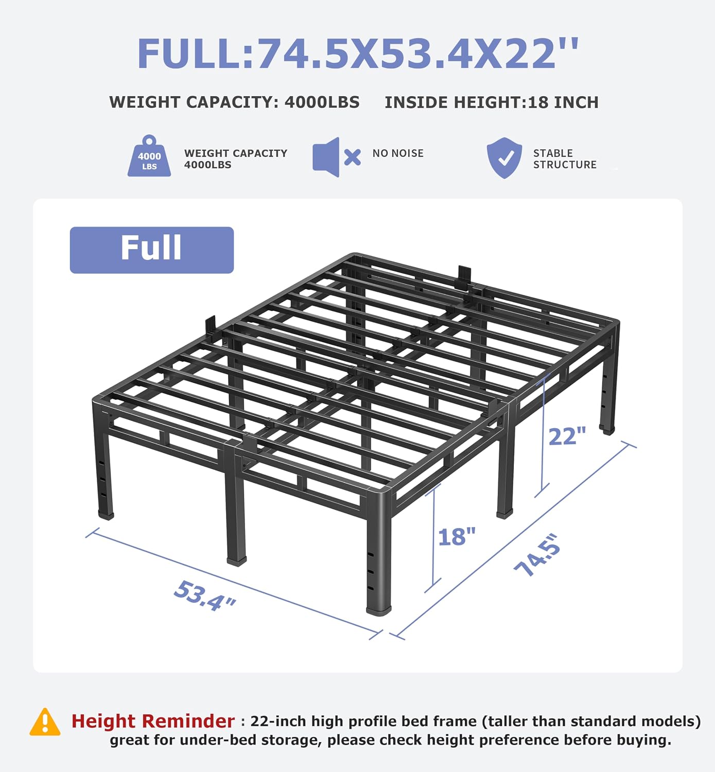 NKZ 22 Inch Full Size Bed Frame, Metal Bed Frame & Box Spring 2 in 1 Platform with Round Corner Legs, 4000Lbs Heavy Duty Metal Frame, Mattress Slide Stopper, Headboard Hole, Noise-Free, Easy Assembly