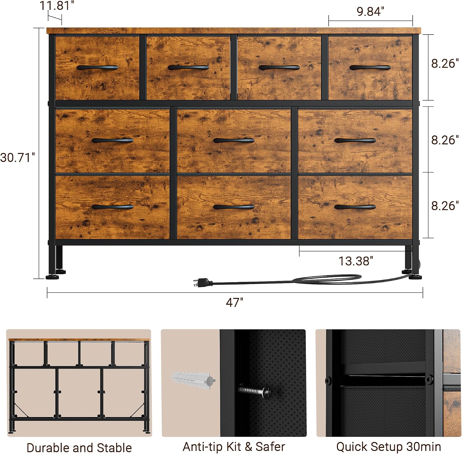 Lulive 10 Drawer Dresser for Bedroom, Dressers TV Stand with Power Outlet, Entertainment Center Bedroom Dresser, Chest of Drawers for 55'' Long TV, Wide Fabric Dresser for Storage and Organization