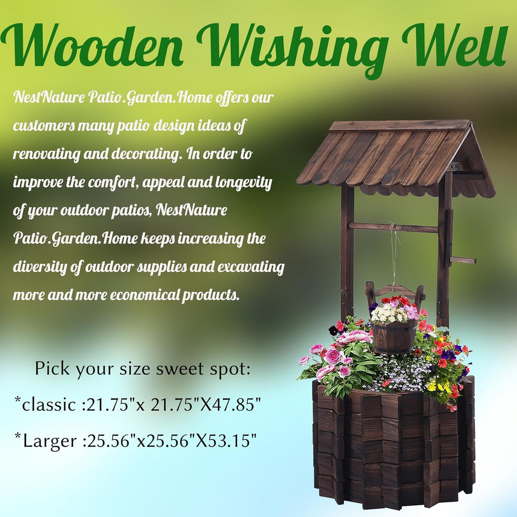 NestNature 25.56' Carbonized Wooden Wishing Well Planter for Outside, Rustic Outdoor Wishing Well with 4 Reinforced Rods & Hanging Bucket, Decorative Well Cover for Yard Garden Patio Lawn Backyard