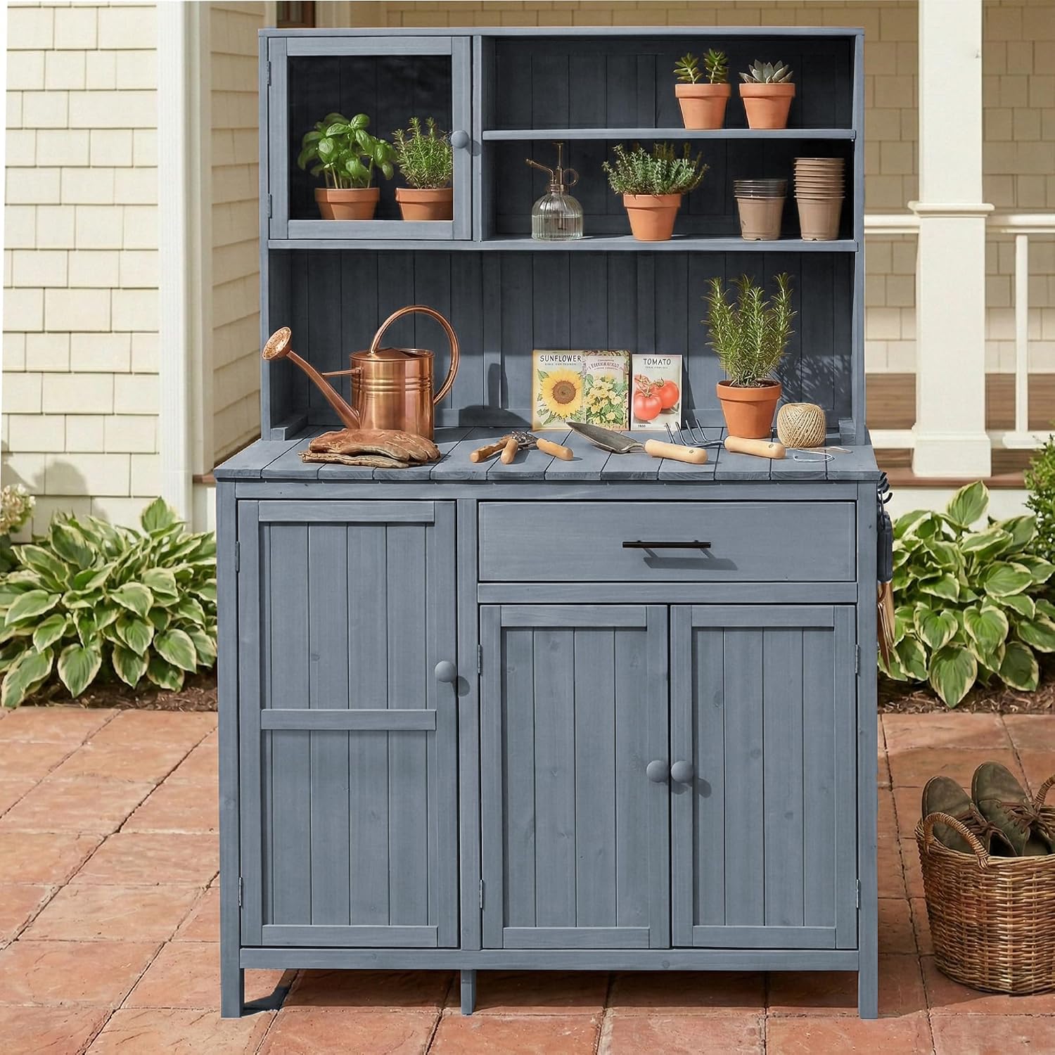 Outdoor Potting Bench Table with Hutch,65' H Solid Fir Wood Garden Workstation, Patio Storage Workstation with Adjustable Shelves, Spice Rack, Side Hook and Drawer, for Mudroom, Doorway (Gray)