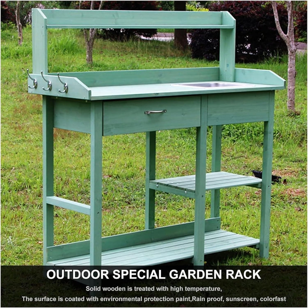 Potting Bench Table,Garden Potting Table, Potting Bench Garden Table Outdoor Garden Work Station with Removable Stainless Sink Planting Work Bench with Storage Shelves and Drawer, Green