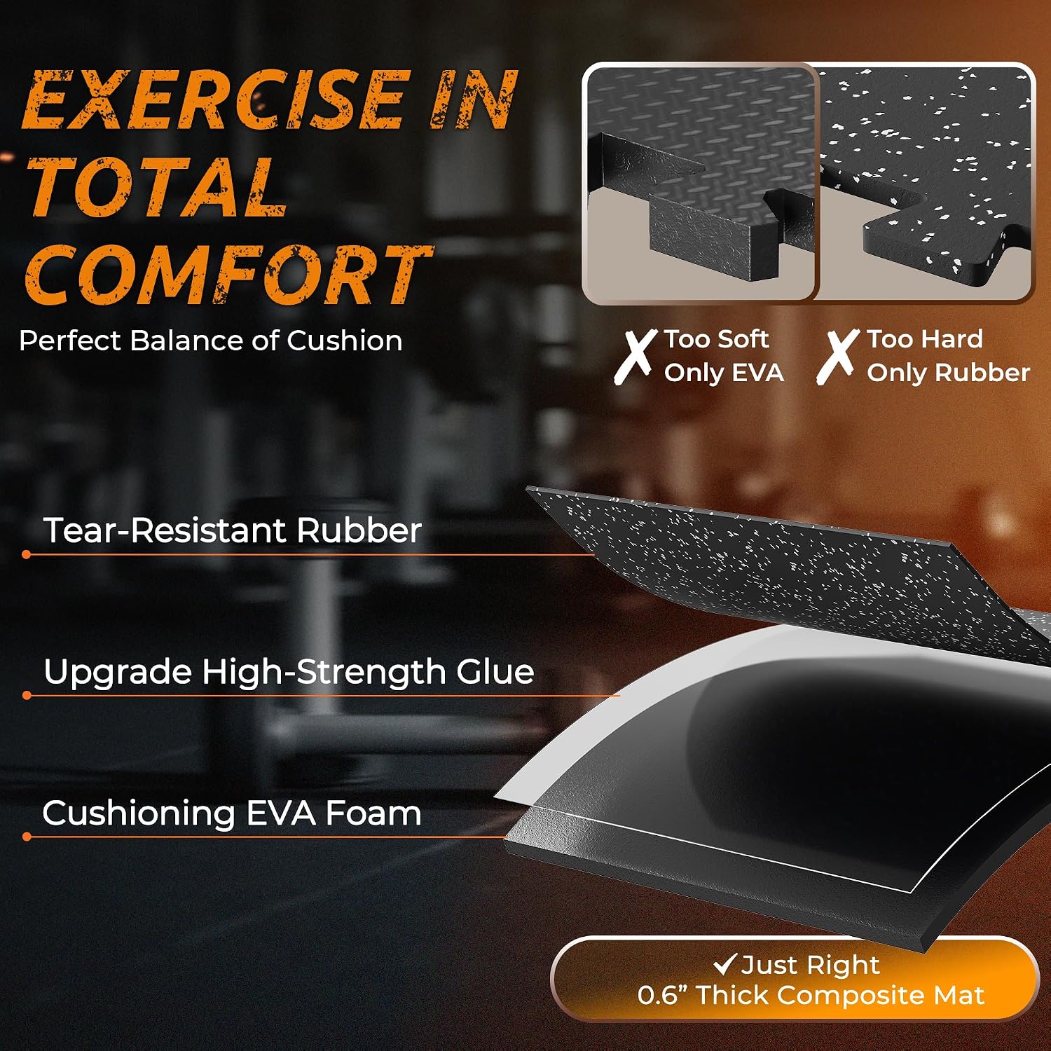 PRAISUN 0.6' Thicker Rubber Top Gym Flooring for Home Gym, 24 Pcs 96 Sq Ft Workout Mats, Exercise Mat, Interlocking Rubber Floor Mats with High Density EVA Foam for Garage, 24 x 24in, Black/Grey