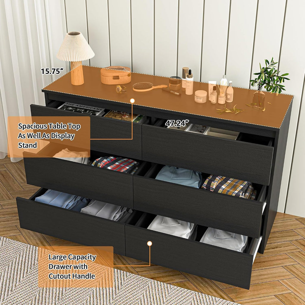 Vibe & Dine Double Dresser 6 Drawer, Modern Chest of Drawers with Wide Storage for Closet, Bedroom, Living Room, Black