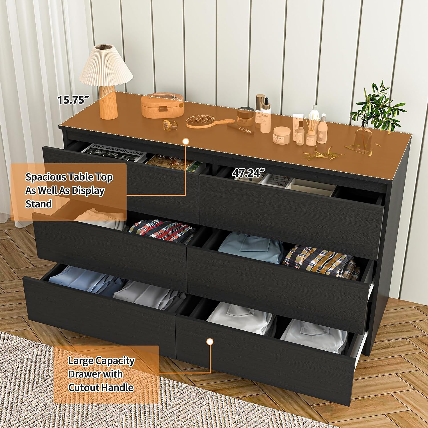 Vibe & Dine Double Dresser 6 Drawer, Modern Chest of Drawers with Wide Storage for Closet, Bedroom, Living Room, Black