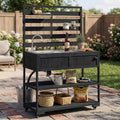 Merax 41.7'' W Outdoor Kitchen Island with Sink, Garden Potting Bench with Stainless Table Top, Rolling Grill Cart with Adjustable Shelves and 1 Bottle Opener,Black
