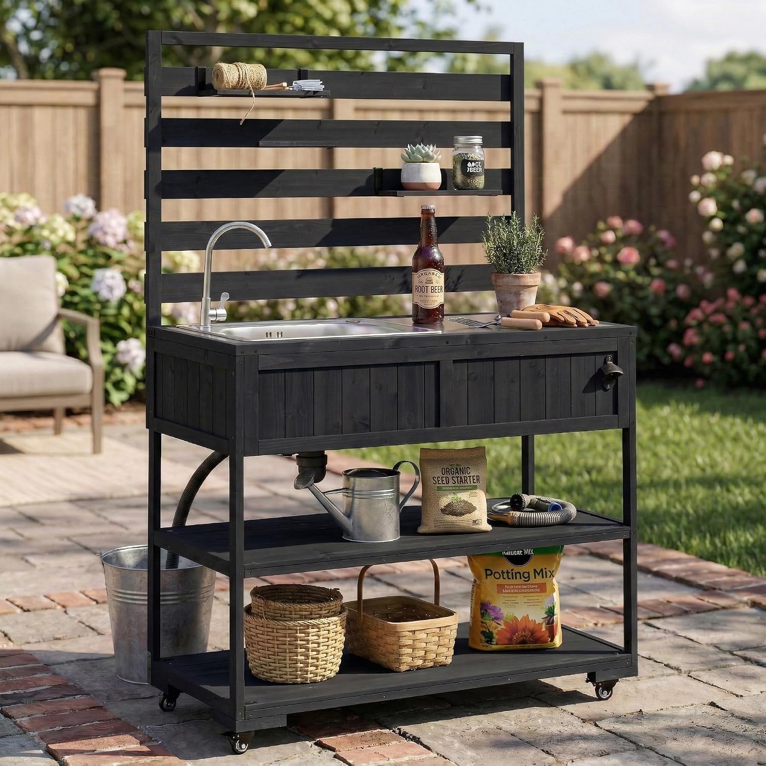 41.7'' Large Patio Rolling Kitchen Island,Solid Wood Kitchen Cart with Sink,Garden Potting Bench with Stainless Table Top,2 Movable Shelves and 1 Bottle Opener (Black-J)