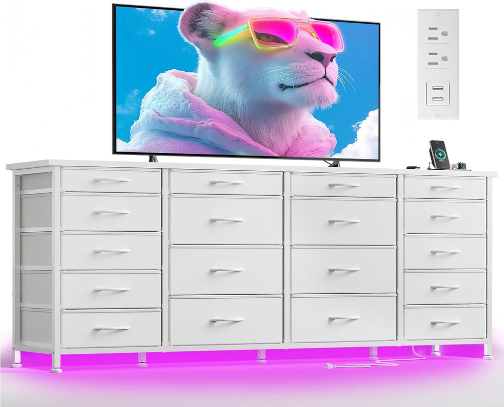63'W TV Stand for Bedroom with LED Light & Power Outlets, Long White Dresser for Bedroom with 18 Deep Drawers for 65 70 75 inch TV, Fabric Dresser TV Stands for Living Room Entryway Hallway Closet