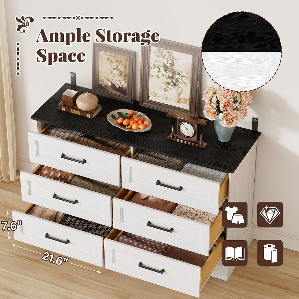 Furmax Farmhouse Dresser for Bedroom, 6 Drawers Dresser, Wood Chest of Drawers, 47.2' Wide Storage Dressers Organizer for Bedroom, Living Room, White and Black
