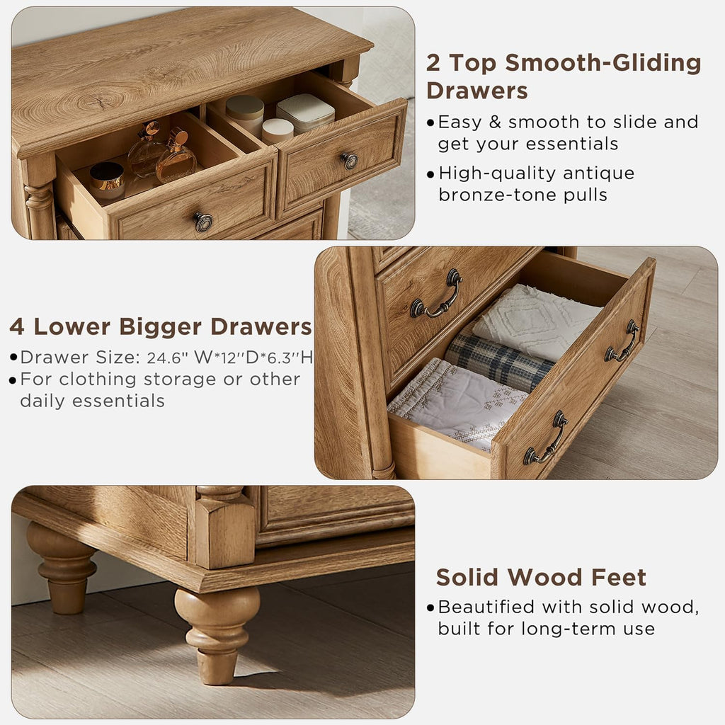 T4TREAM Farmhouse 6 Drawers Dresser Chests for Bedroom w/4 Solid Wood Feet &Column Decor, Tall Wood Rustic Chest of Drawers, Storage Dressers Organizer for Bedroom, Living Room, Light Tree Knot