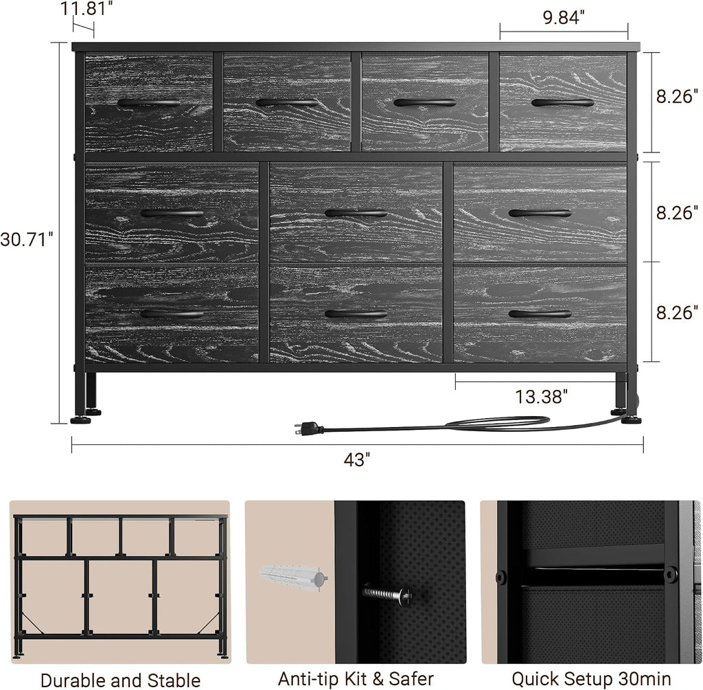 Lulive Dresser for Bedroom 10 Drawer Dresser TV Stand with Power Outlet, Entertainment Center Chest of Drawers for 55 Inch TV, Black Fabric for Bedroom Living Room Hallway Closets